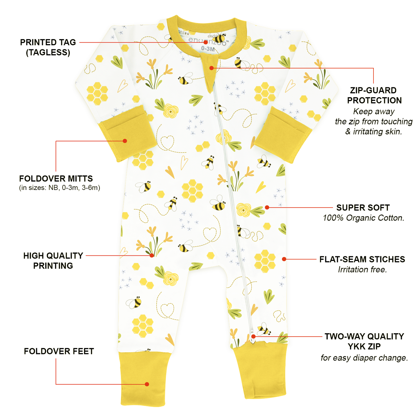 Endanzoo Organic Long Sleeve Double Zippered Romper - BumbleBee