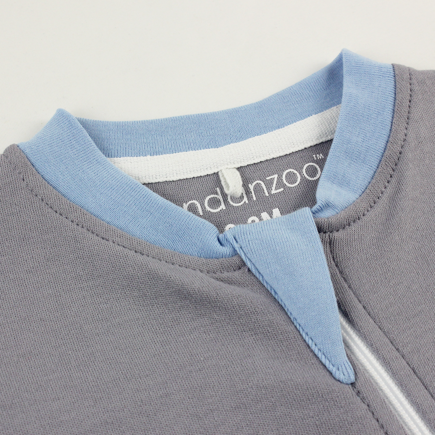 Organic Long Sleeve Double Zippered Romper - Grey w/ Blue
