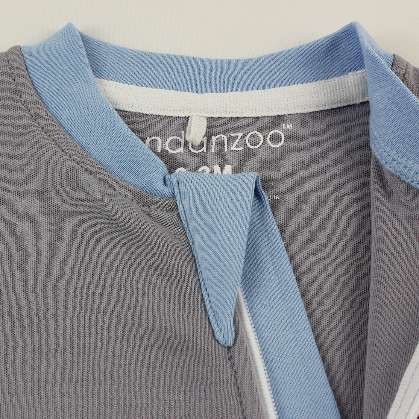 Organic Long Sleeve Double Zippered Romper - Grey w/ Blue