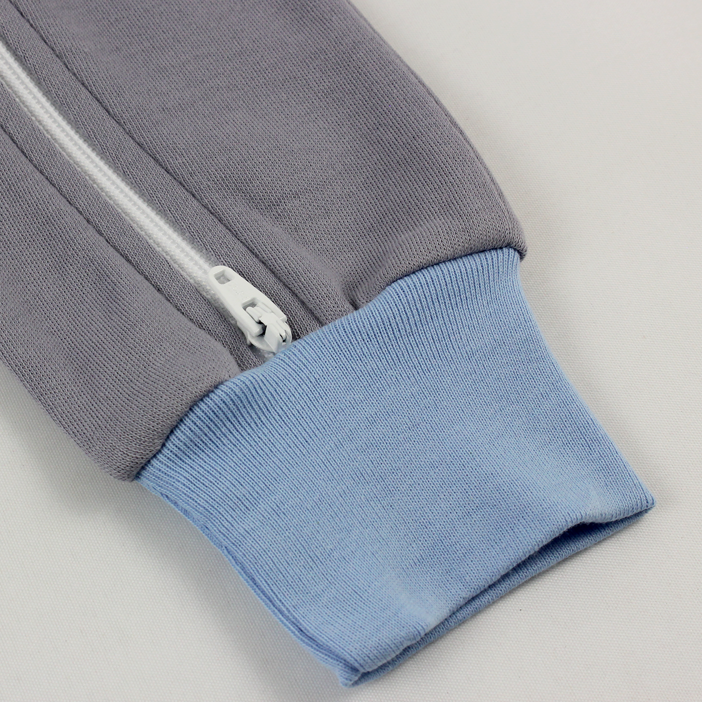 Organic Long Sleeve Double Zippered Romper - Grey w/ Blue