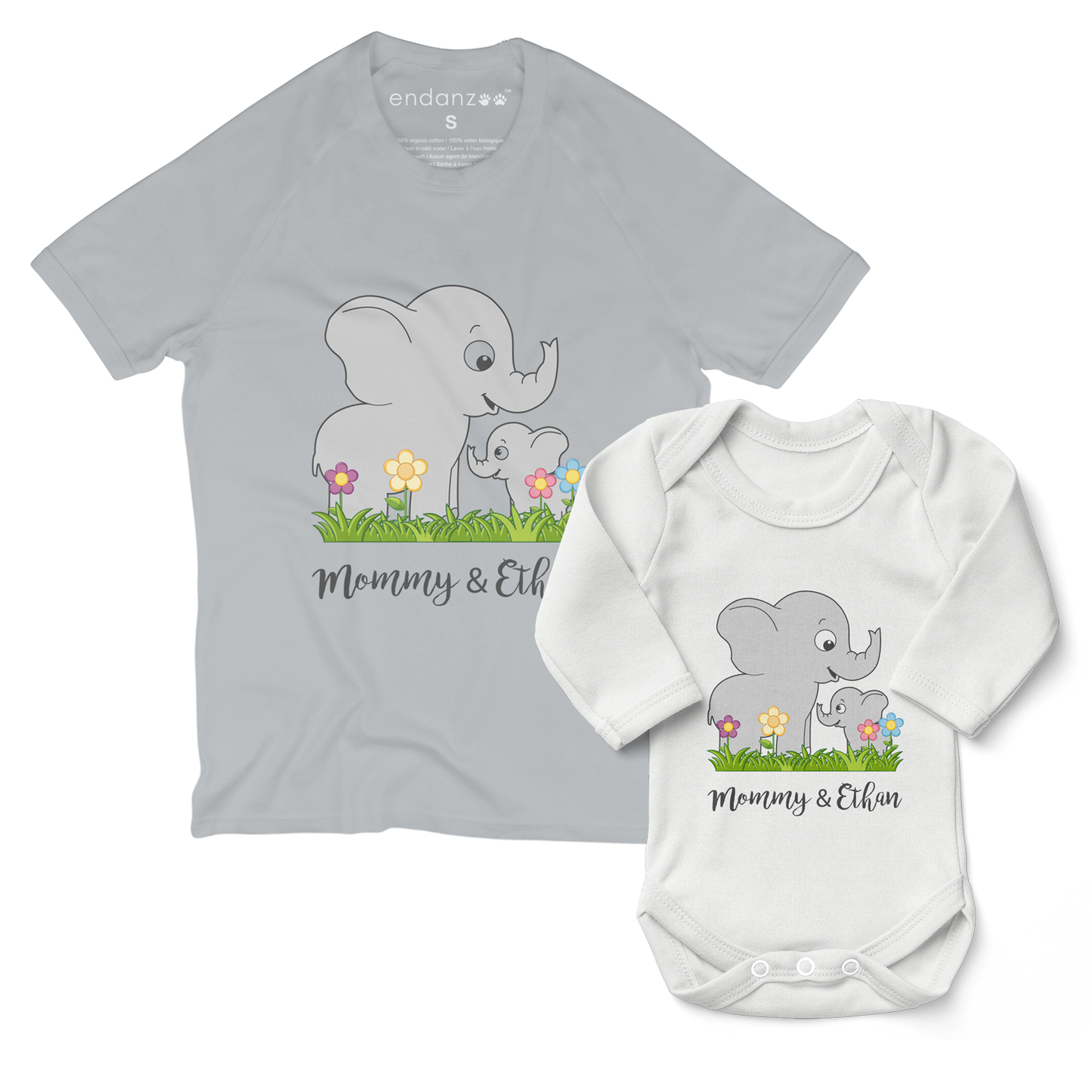 Personalized Matching Mom & Baby Organic Outfits - Elephant Family