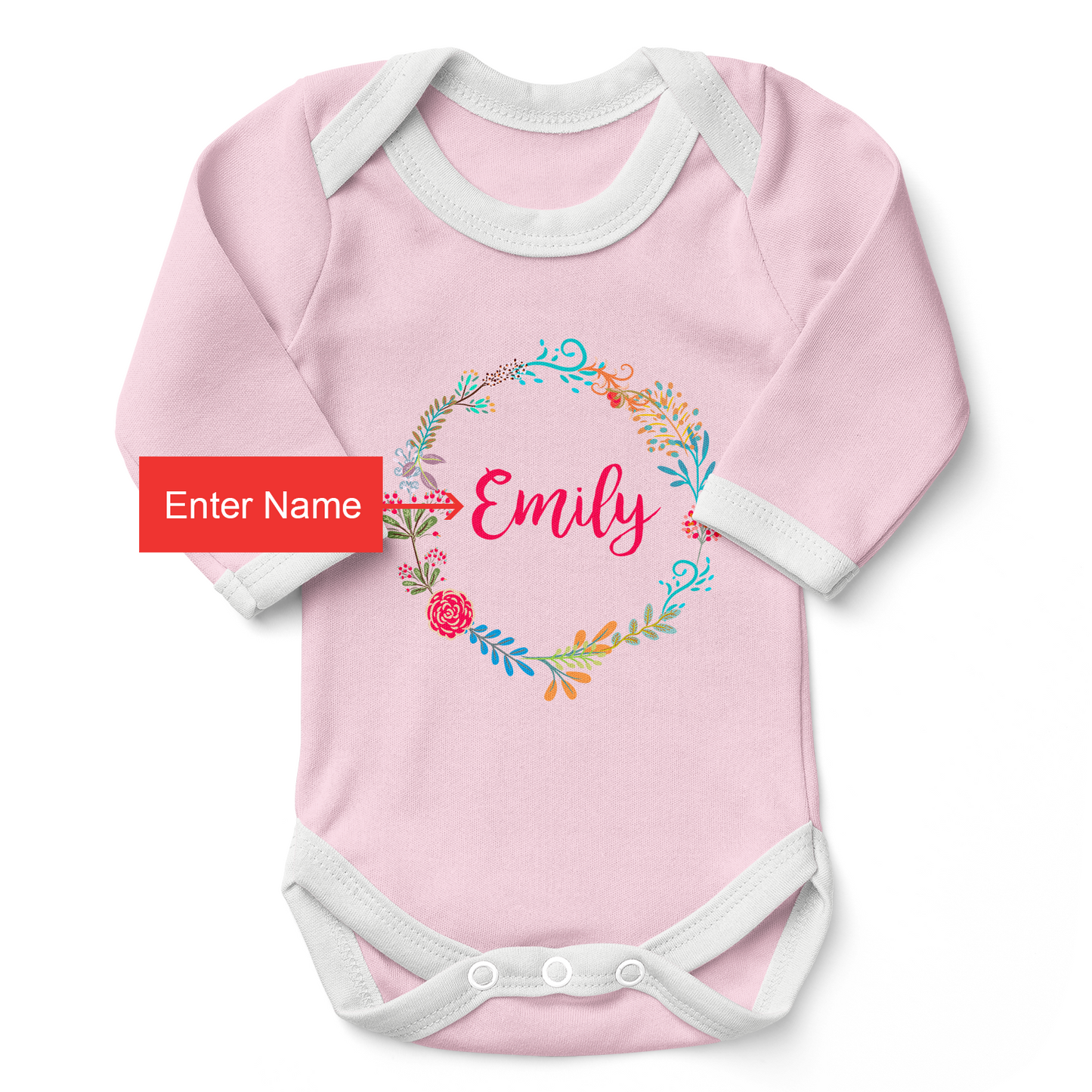 Personalized Organic Long Sleeve Baby Bodysuit - Floral Round (Pink)