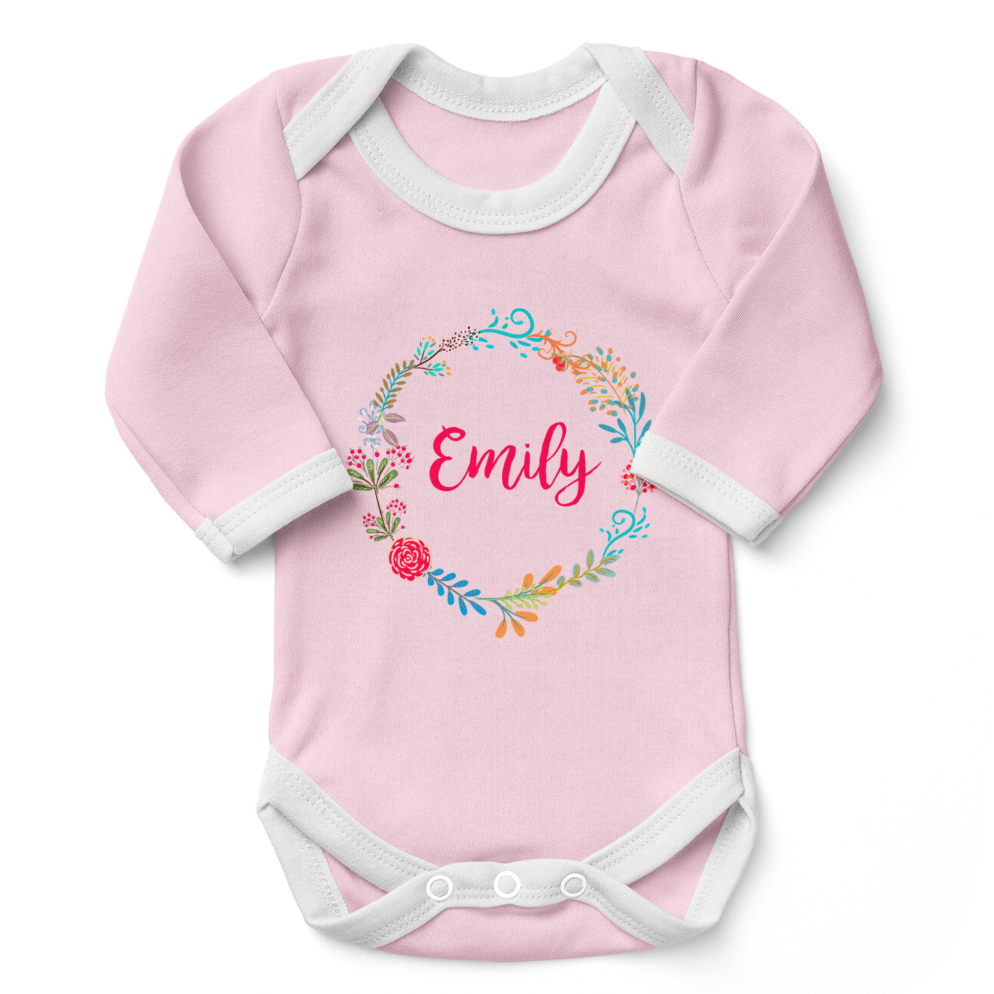 Personalized Organic Long Sleeve Baby Bodysuit - Floral Round (Pink)