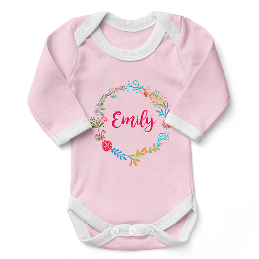 Personalized Organic Long Sleeve Baby Bodysuit - Floral Round (Pink)