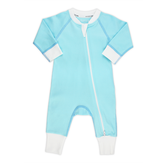 Classic Snuggle Organic Long Sleeve Double Zippered Romper - Aqua