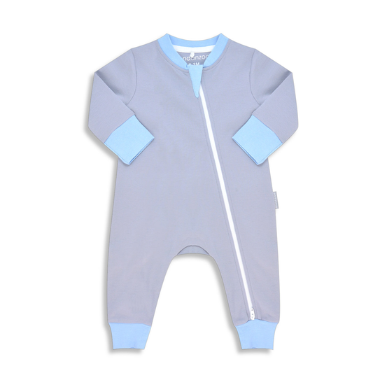 Organic Long Sleeve Double Zippered Romper - Grey w/ Blue