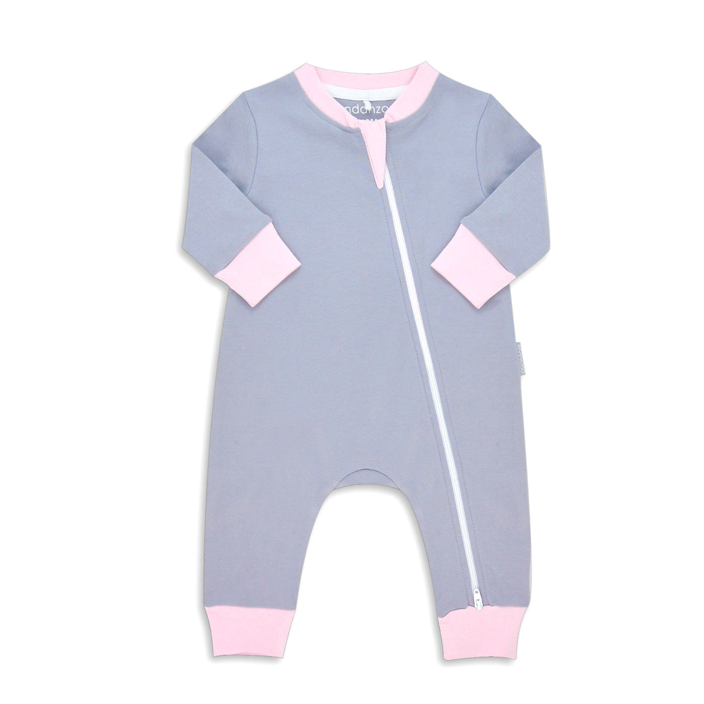 Organic Long Sleeve Double Zippered Romper - Grey w/ Pink