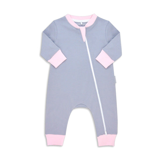 Organic Long Sleeve Double Zippered Romper - Grey w/ Pink