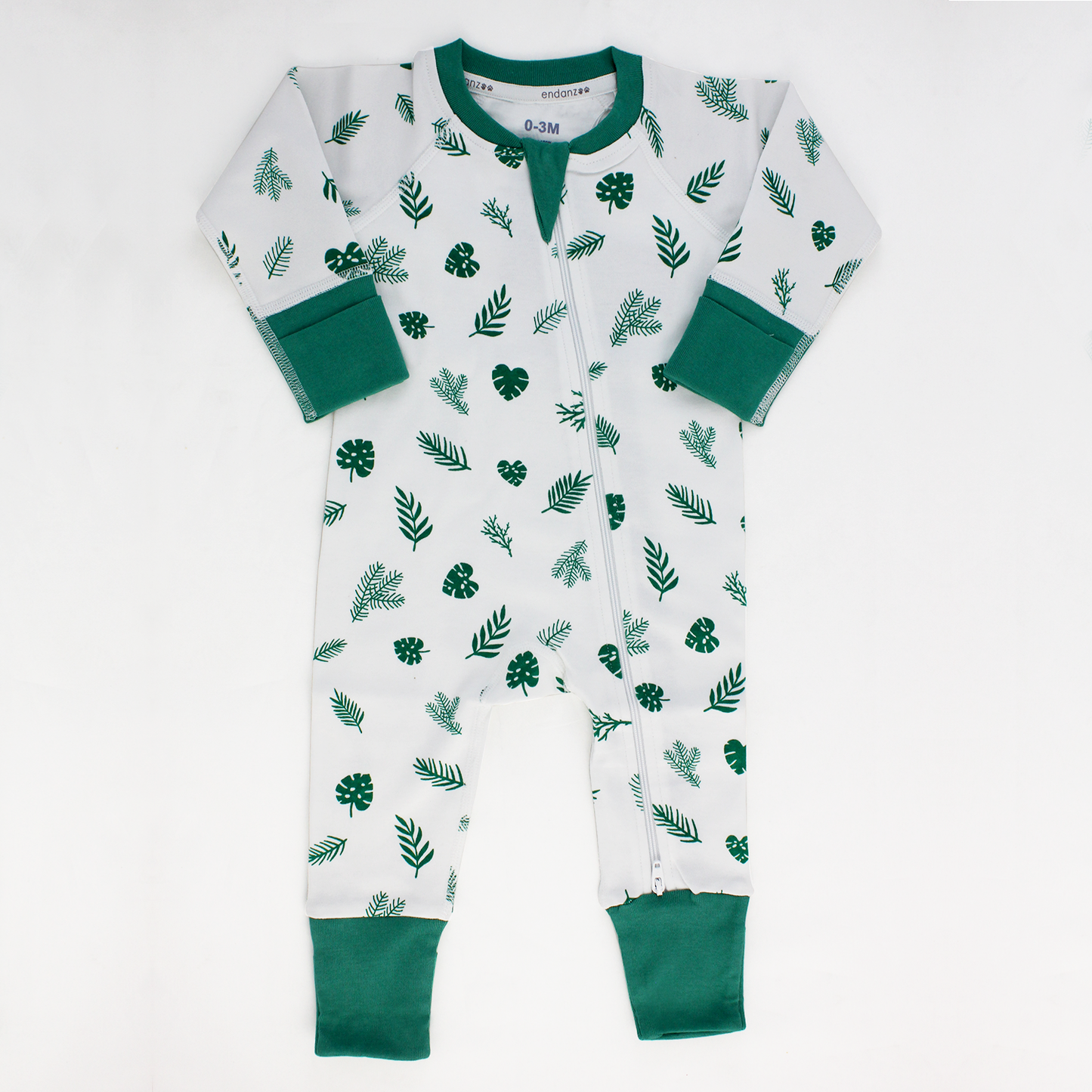 Endanzoo Organic Long Sleeve Double Zippered Romper-Tropical Rainforest