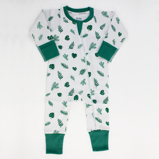 Endanzoo Organic Long Sleeve Double Zippered Romper-Tropical Rainforest