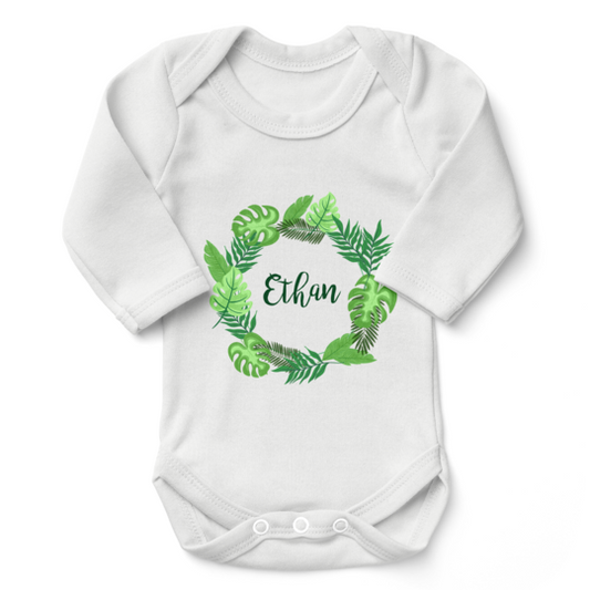 Personalized Organic Long Sleeve Baby Bodysuit - Tropical Leaves
