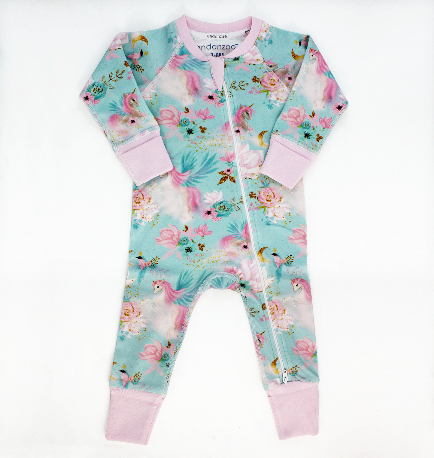 Endanzoo Organic Long Sleeve Double Zippered Romper - Mystical Unicorns