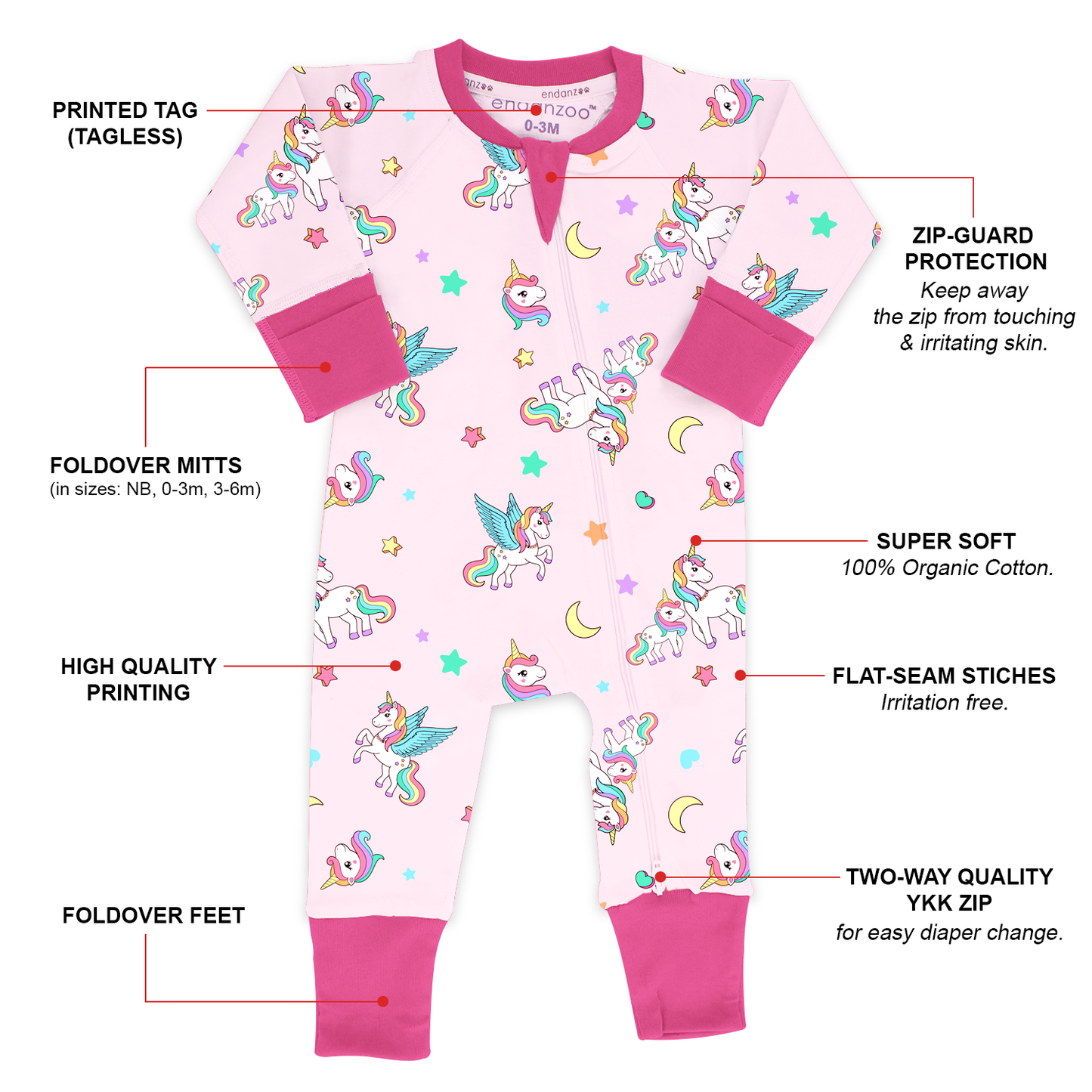 Endanzoo Organic Long Sleeve Double Zippered Romper - Rainbow Unicorn