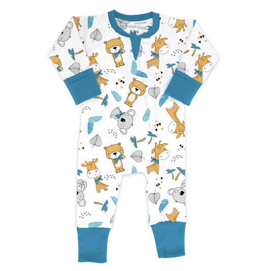 Endanzoo Organic Long Sleeve Double Zippered Romper - Jungle Cuties