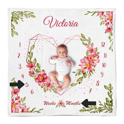 [Personalized] Endanzoo Baby Monthly Milestone Muslin Swaddle Blanket (Pink Floral)