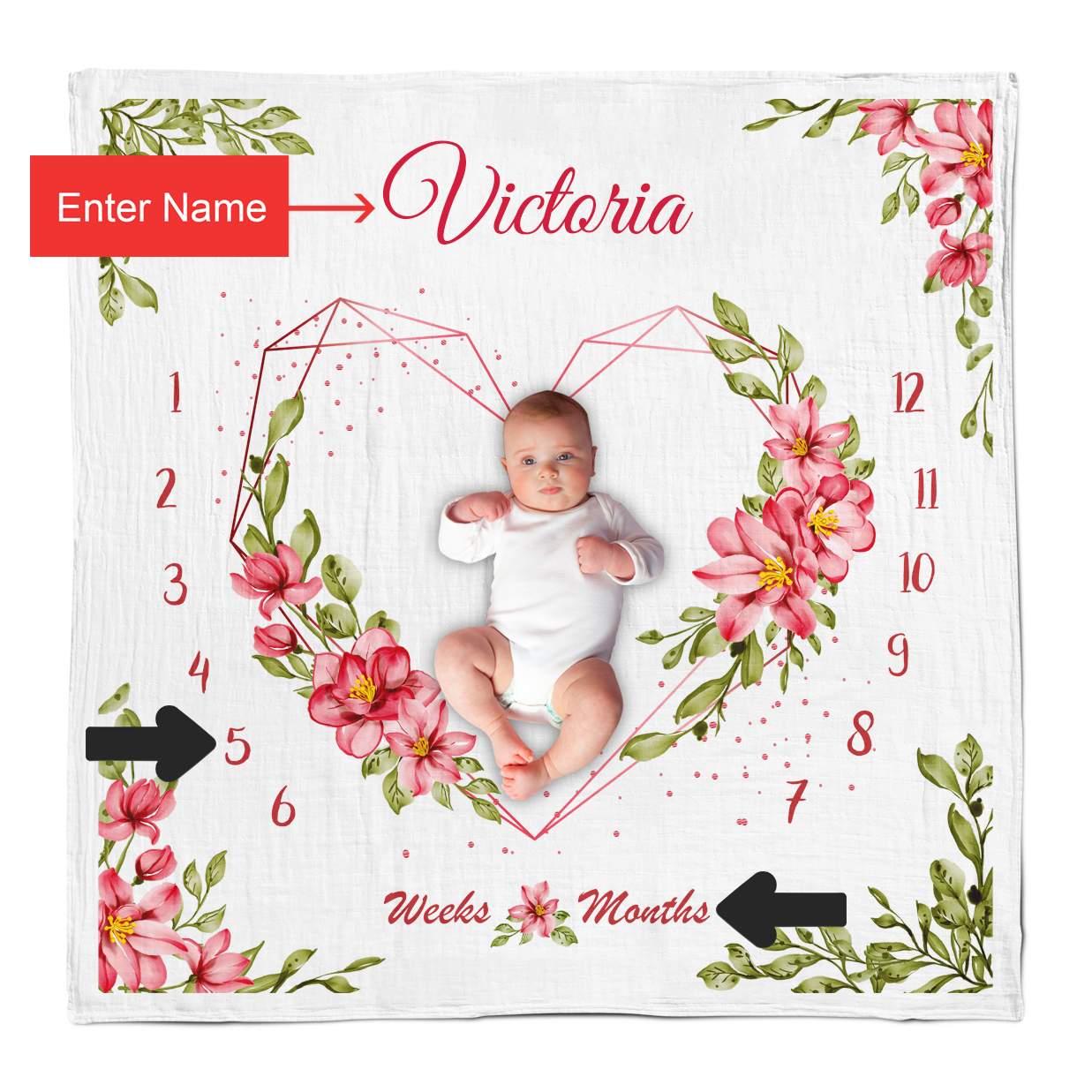 [Personalized] Endanzoo Baby Monthly Milestone Muslin Swaddle Blanket (Pink Floral)