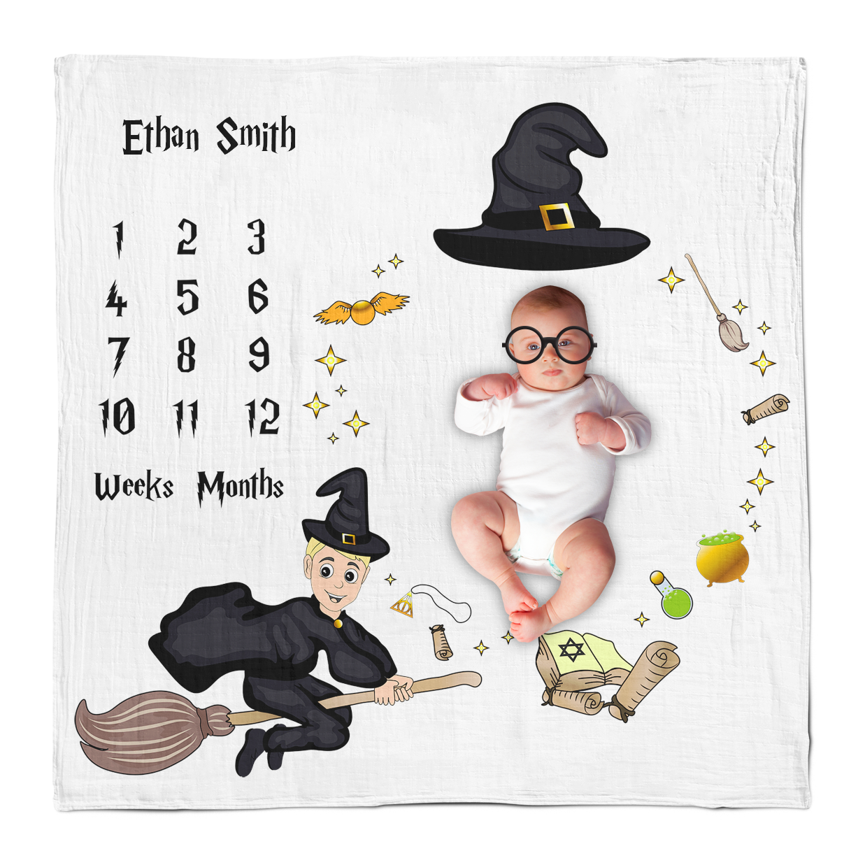 [Personalized] Endanzoo Baby Monthly Milestone Muslin Swaddle Blanket (Flying Wizard)