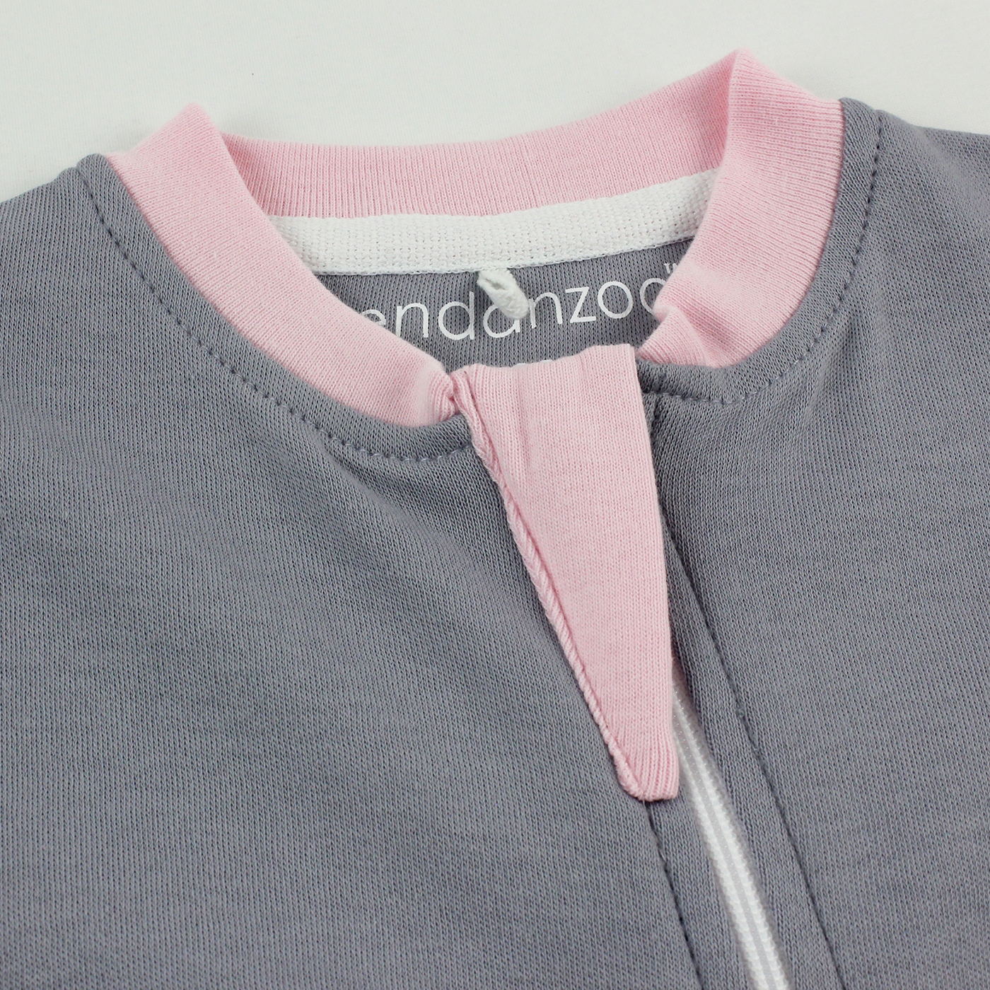 Organic Long Sleeve Double Zippered Romper - Grey w/ Pink