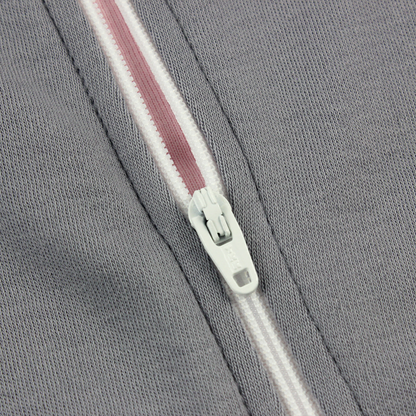 Organic Long Sleeve Double Zippered Romper - Grey w/ Pink