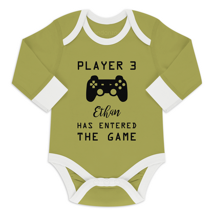 Player 3 Pregnancy Announcement Funny Organic Baby Bodysuit