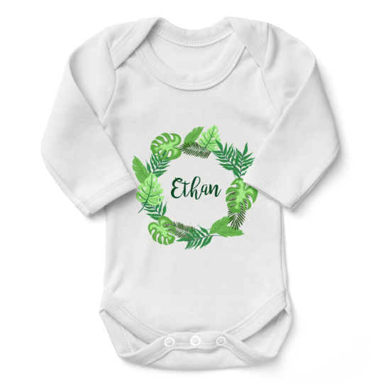 Personalized Organic Long Sleeve Baby Bodysuit - Tropical Leaves