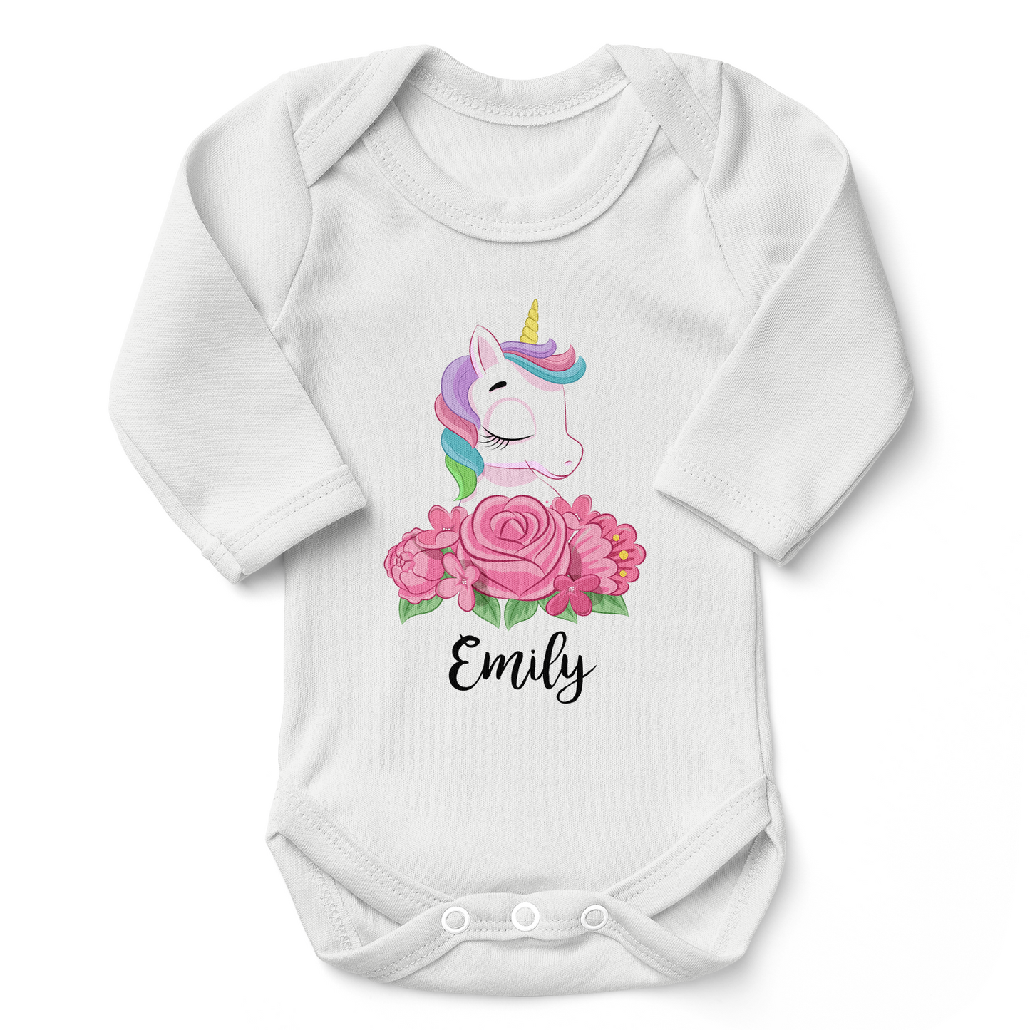 Personalized Organic Long Sleeve Baby Bodysuit - Unicorn