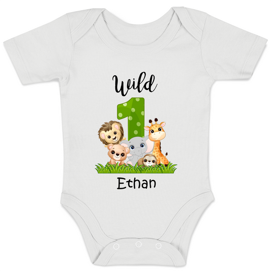 [Personalized] Wild 1 Safari Organic Short Sleeve Baby Bodysuit