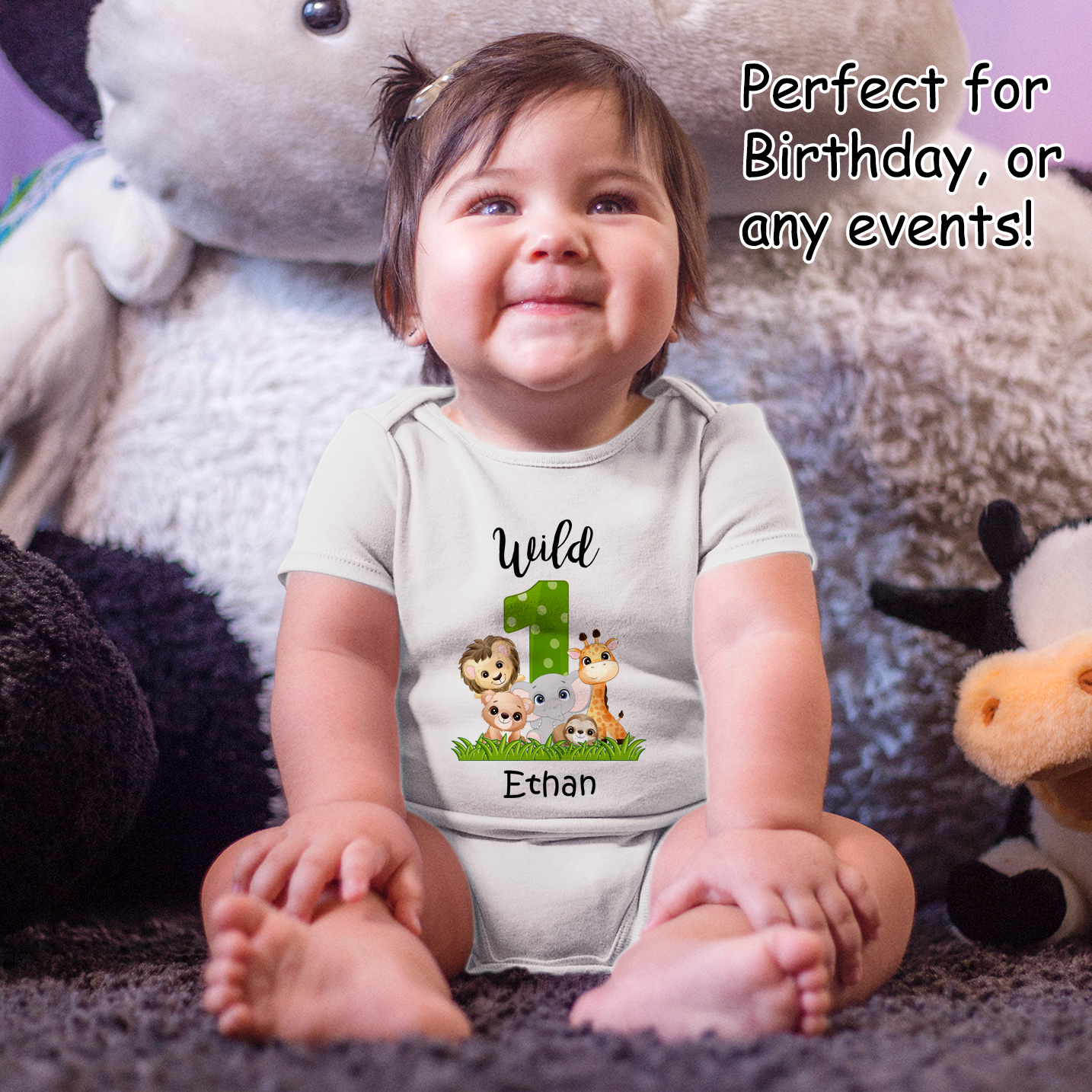 [Personalized] Wild 1 Safari Organic Short Sleeve Baby Bodysuit