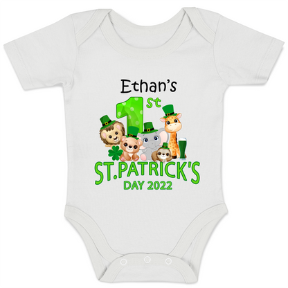 [Personalized] First Saint Patrick's Day Safari Animals Organic Baby Bodysuit